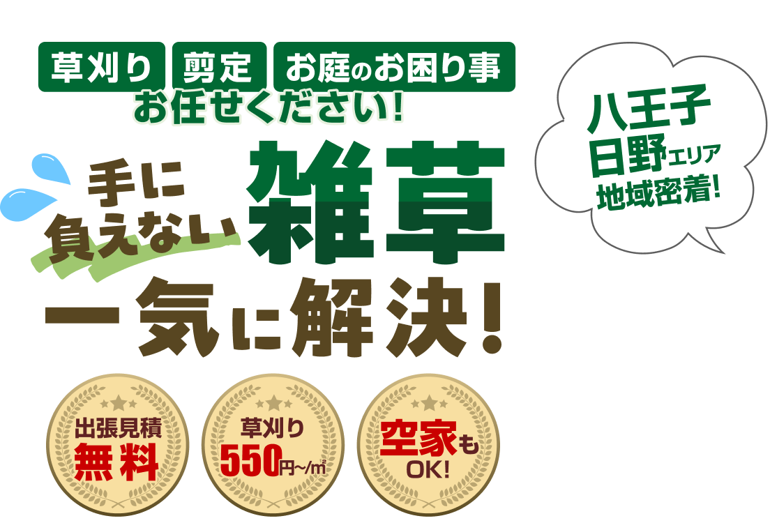 八王子・日野の草刈り・剪定ならお任せ!手に負えない雑草一気に解決!出張見積無料。草刈り550円~/㎡。空家もOK!