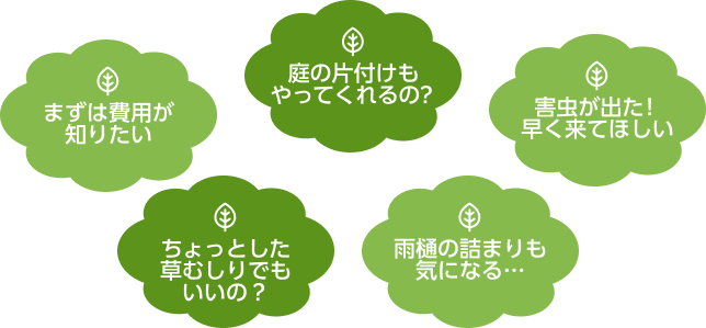 まずは費用が知りたい、庭の片付けもやってくれるの?害虫が出た!早く来てほしい、ちょっとした草むしりでもいいの?雨樋の詰まりも気になる…
